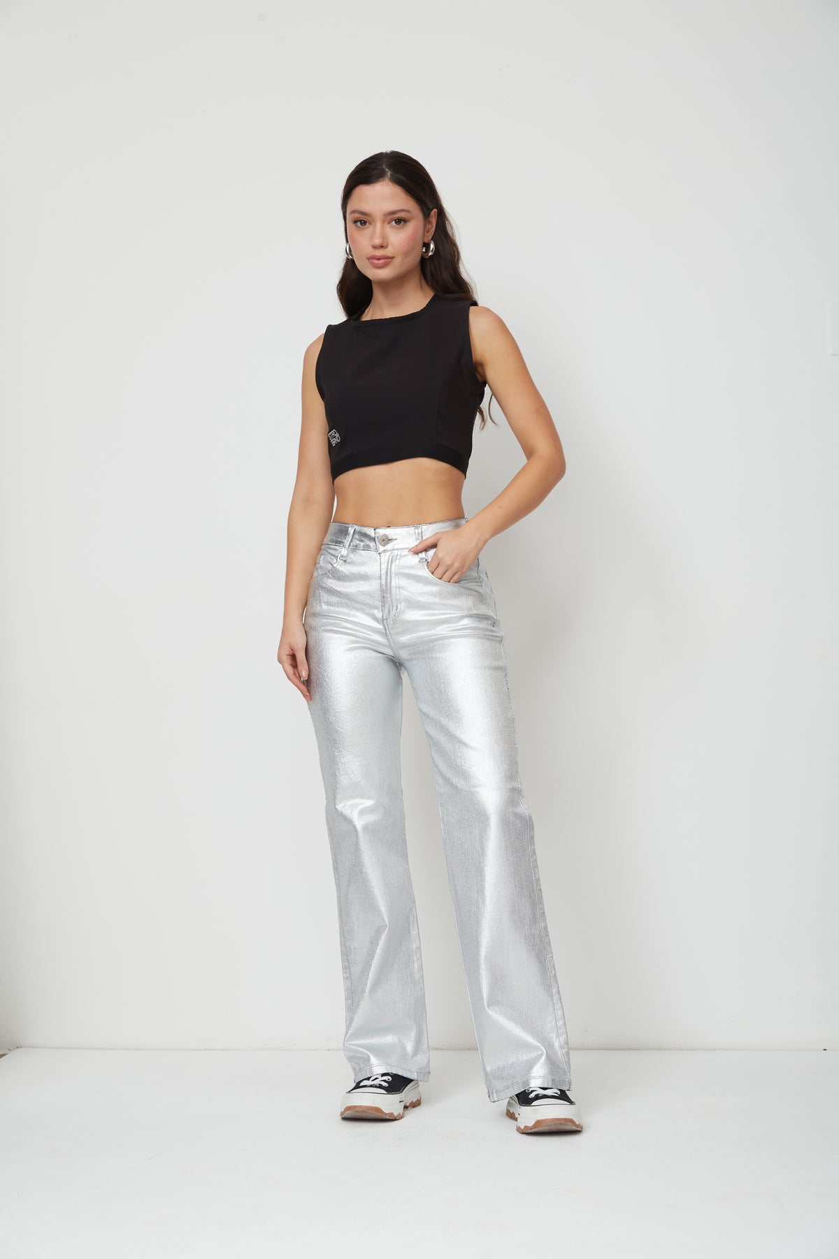 JEAN MOM FLARE MEPH DENIM METALIZADO